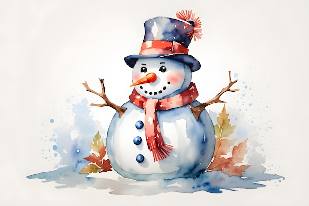 Vector christmas snowman in a hat on a white background watercolor illustration