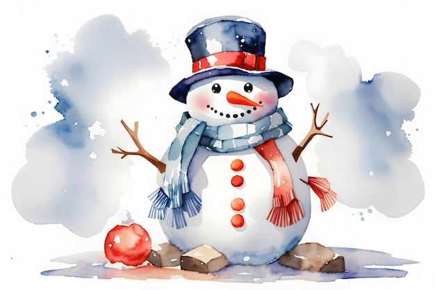 Christmas snowman in a hat on a white background Watercolor illustration