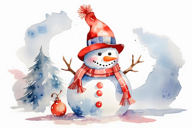 Vector christmas snowman in a hat on a white background watercolor illustration