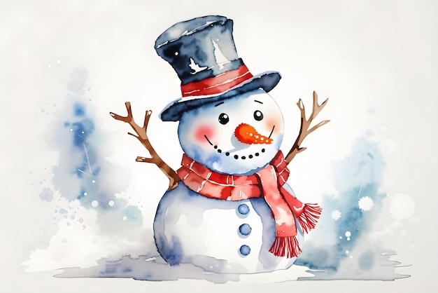 Vector christmas snowman in a hat on a white background watercolor illustration