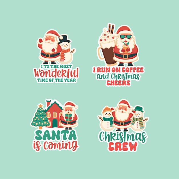 Vector christmas snowman and santa badges stickers set with quotes