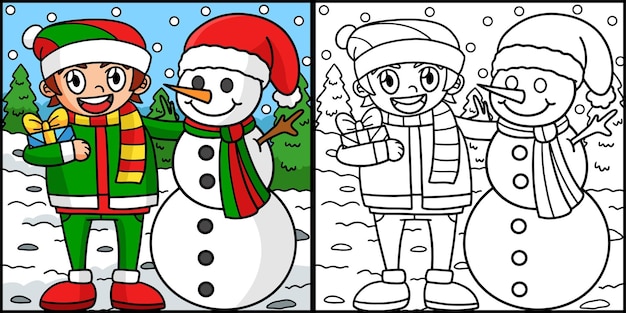 Christmas Snowman With A Boy Coloring Illustration