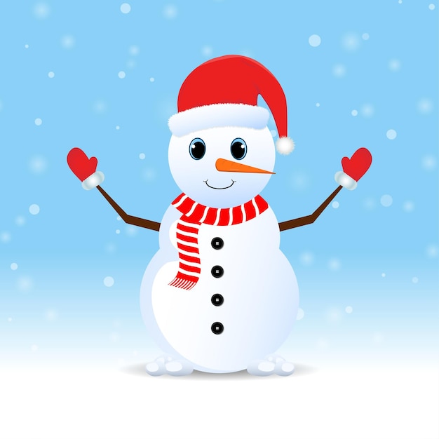 Christmas Snowman with Santa hat. Snow falling background with a snowman. Snowman with red gloves. Christmas element design with a realistic snowman, wooden sticks with red Santa gloves, and a scarf.