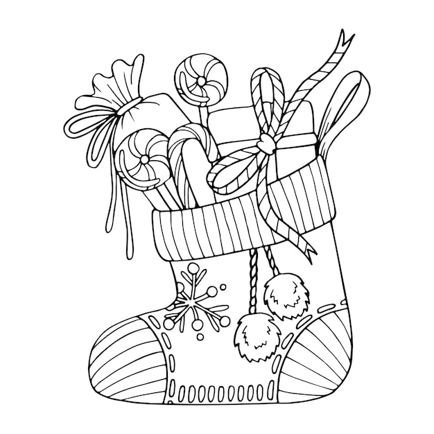 Christmas sock vector coloring page Festive gift boxes lollipops Hand drawn line art winter illustration Happy holiday Coloring book for children and adults Black and white sketch