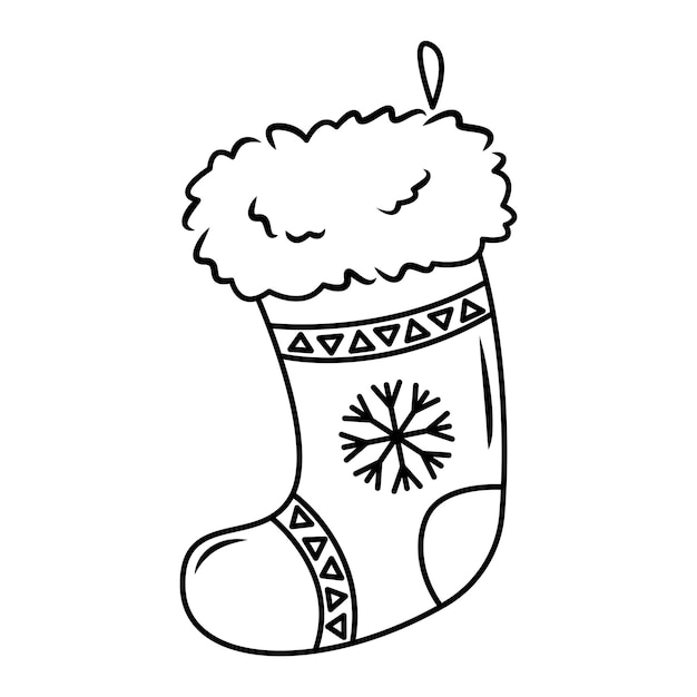 Christmas Sock with Patterns and Snowflakes Graphic New Year Black and White Sketch Isolated