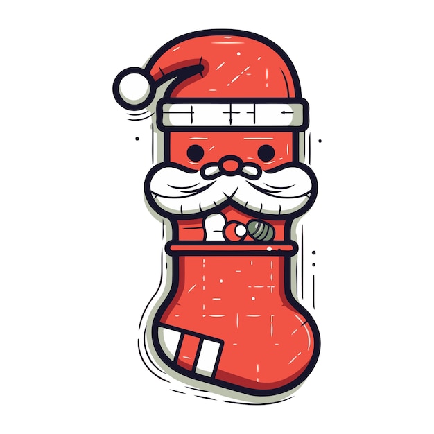 Christmas sock with Santa Claus Vector illustration Isolated on white background