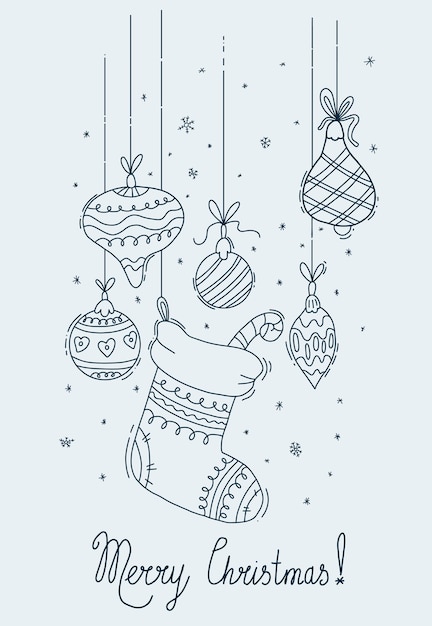 Christmas sock with striped candy and Christmas balls and tree Vertical Linear drawing outline