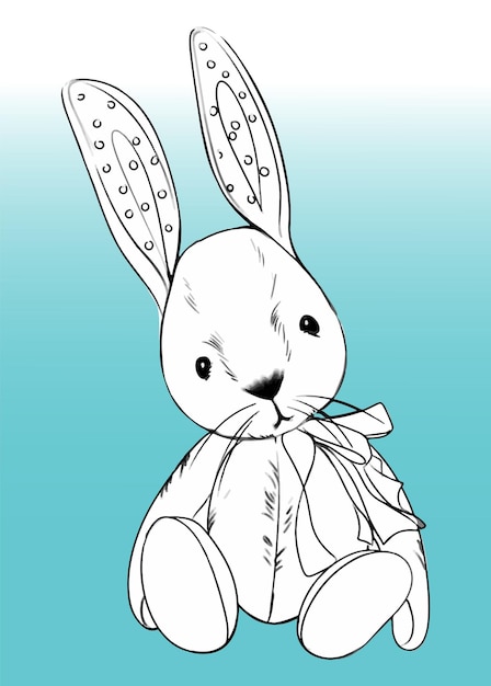 Christmas soft toy hare. Hand drawn vector illustration in grayscale. For illustrations and coloring