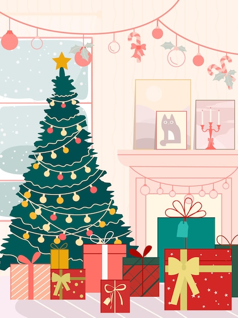 Christmas spirit at home with xmas tree gifts and garlands