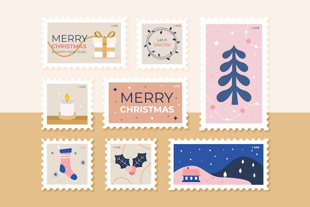 Christmas stamp collection in flat design