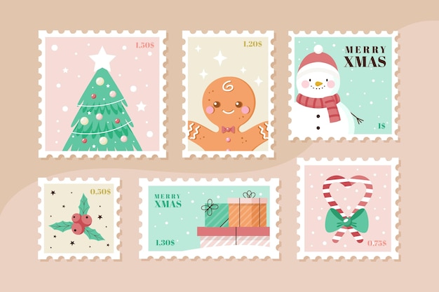 Christmas stamp collection in flat design