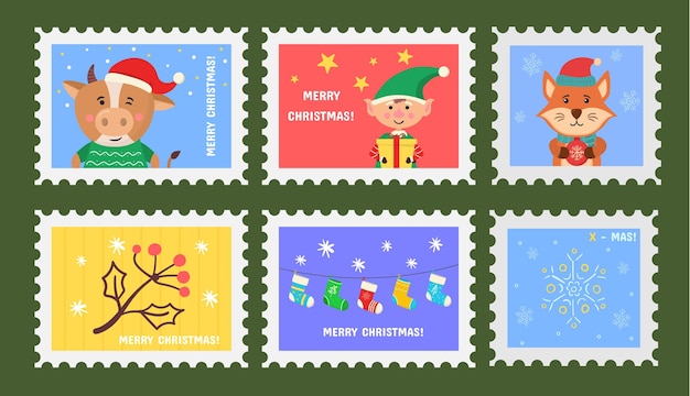 Christmas stamp holiday stickers in hand drawn design postage stamps set of christmas postmarks