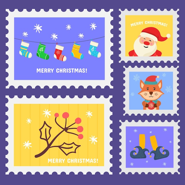 Christmas stamp holiday stickers in hand drawn design postage stamps set of christmas postmarks