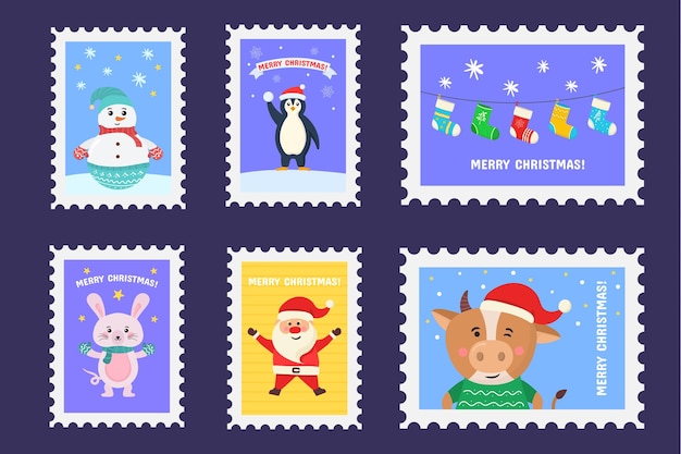 Christmas stamp holiday stickers in hand drawn design postage stamps set of christmas postmarks