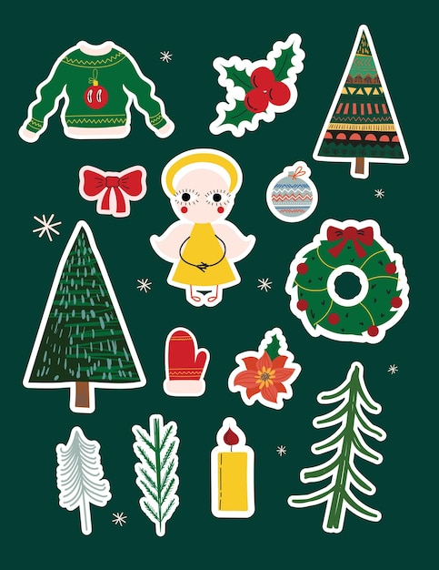 Christmas sticker icon set Vintage christmas and Happy 2023 New Year elements Vector illustration Holiday poster with Christmas symbols