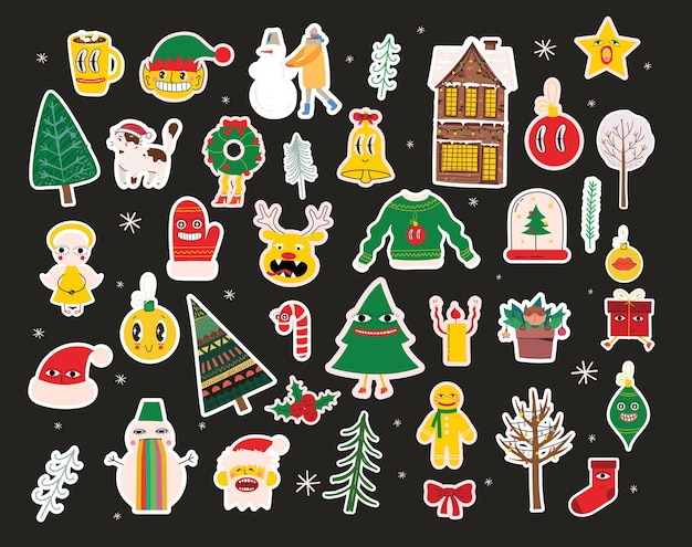 Christmas sticker icon set Vintage christmas and Happy 2023 New Year elements Vector illustration Holiday poster with Christmas symbols