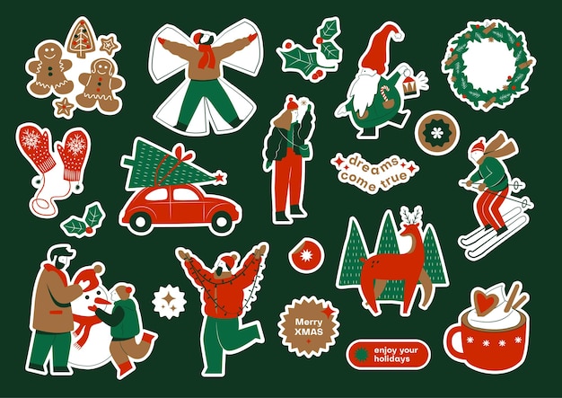 Christmas sticker pack with colourful illustrations of xmas celebration and quotes