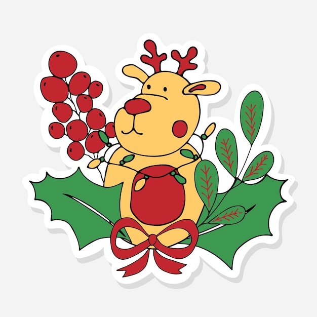 Vector christmas sticker with reindeer holly berrie and red bow doodle for celebration decoration design