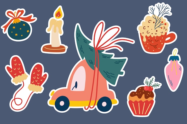 Vector christmas stickers. car with a christmas tree, decorations, mittens, balloons, sweets and candles perfect for greeting cards, invitations, flayers. vector cartoon holiday illustration.