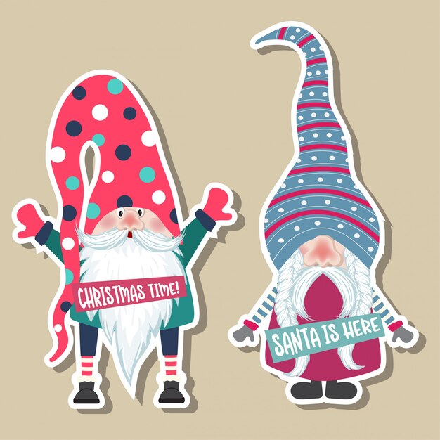 Vector christmas stickers collection with cute gnomes. flat design