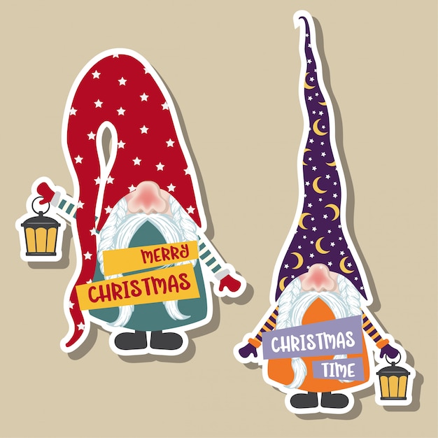 Vector christmas stickers collection with cute gnomes. flat design