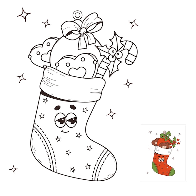 Christmas stocking with gifts gingerbread Cool retro cartoon character linear drawing coloring book