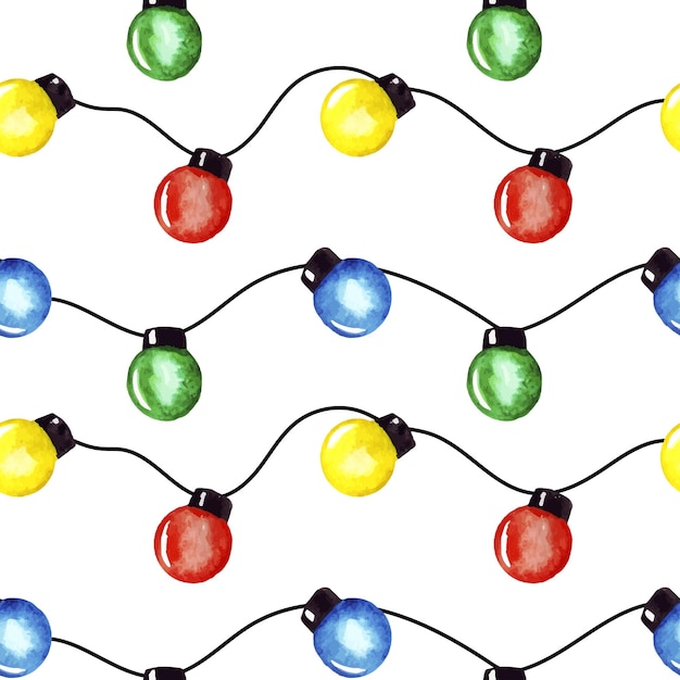 Christmas string lights watercolor seamless pattern background for fabric, wallpaper, wrapping paper