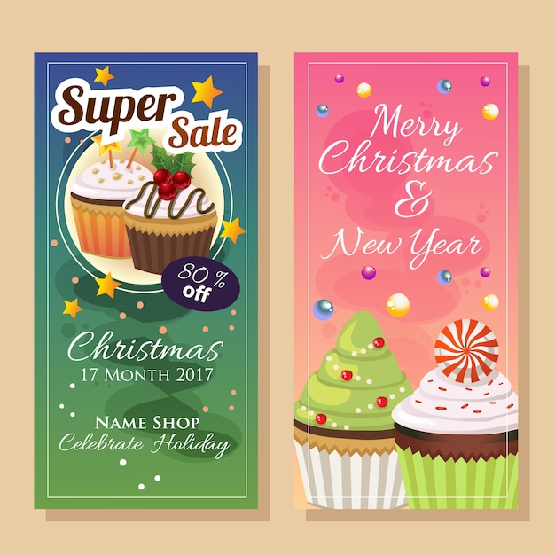 christmas super sale banner with cupcake