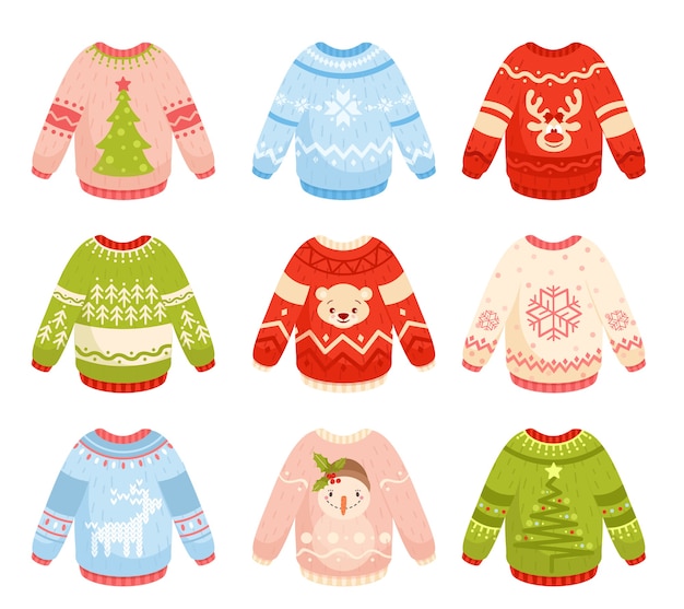 Christmas sweaters flat s set. Colorful warm and cozy knitwear with ornaments