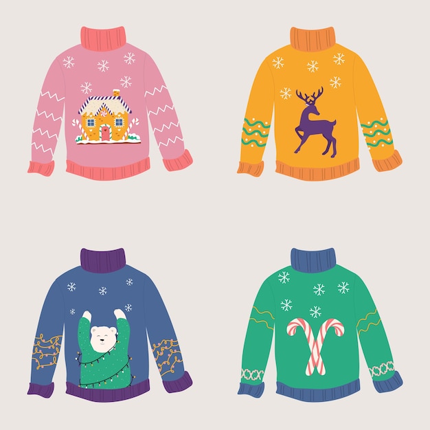 Christmas sweaters with cute ornaments illustration on white background