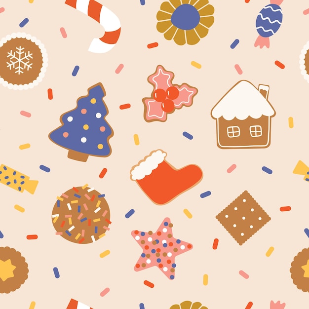 Christmas sweets candies and cookies seamless pattern