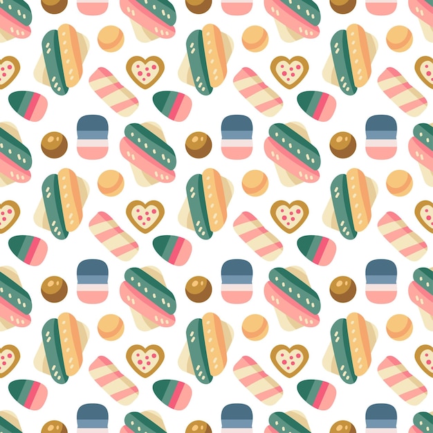 Christmas sweets seamless pattern with candies, candy cane and marshmallow, dragee, jelly, chocolate cookies. Autumn and winter holidays. Wallpaper, print, packaging, paper, textile design. One of 20