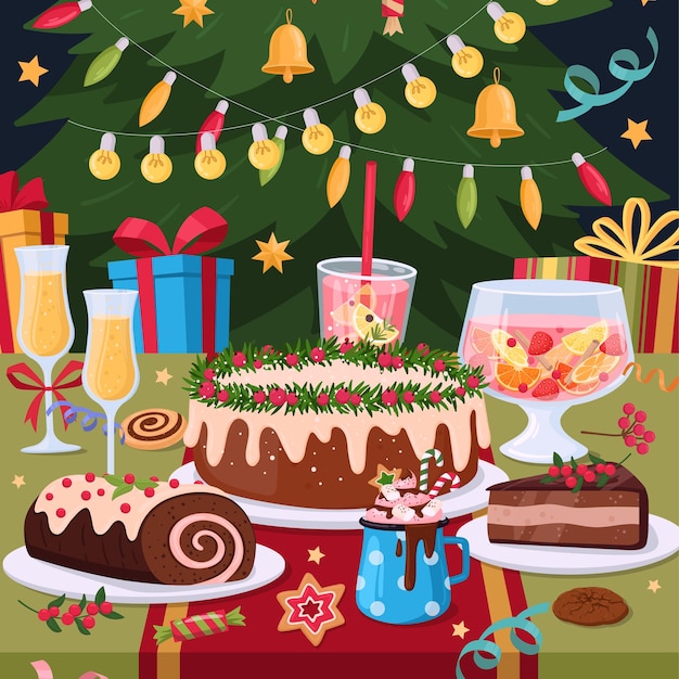 Vector christmas table poster cartoon festive winter holidays meal traditional dishes on table holiday pastry and desserts flat vector background illustration