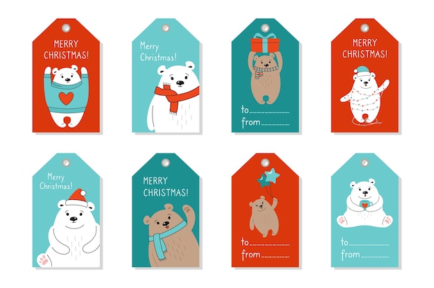 Christmas tag set cartoon polar and brown bear