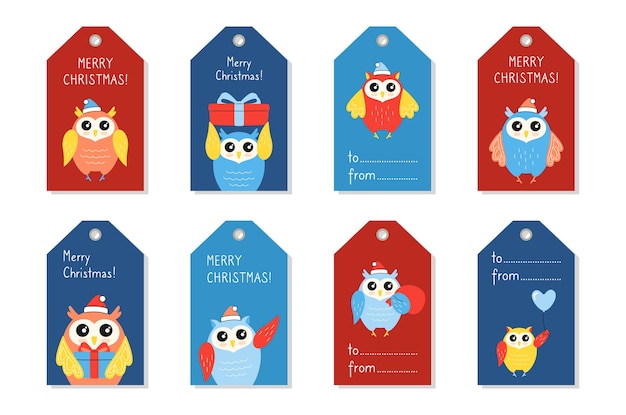 Christmas tag set, owl cartoon bird