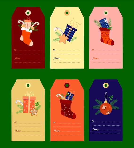 Christmas tags set Labels with Christmas sock with gifts Gingerbread Christmas balls and caramel