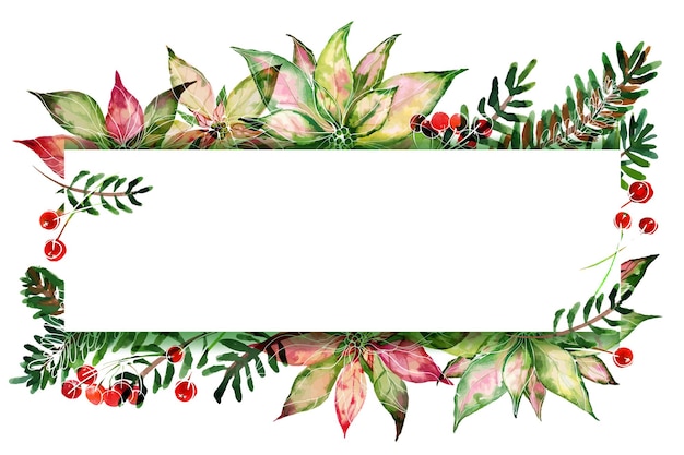 Christmas text space frame with watercolor poinsettia and ale