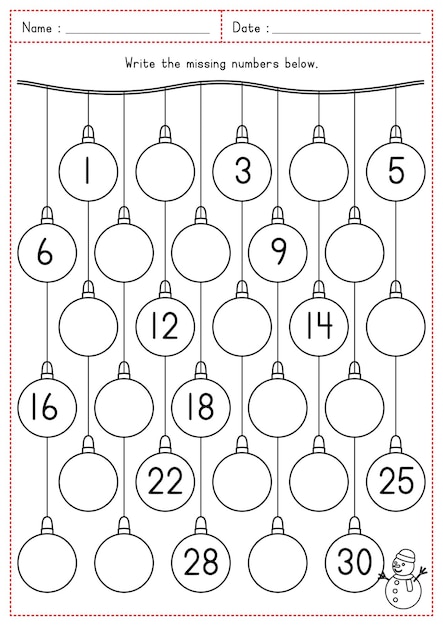 Christmas Theme Printable Missing Numbers 1 to 30