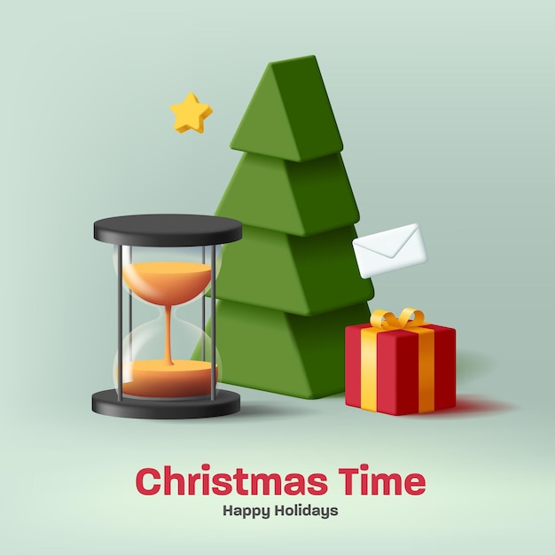 Christmas time greeting card with 3d composition of Christmas tree with gift box and glass sand clock