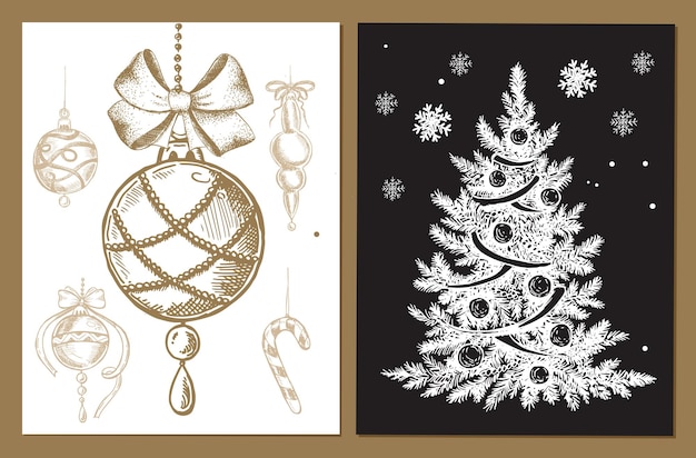 Christmas toy fir tree snow hand drawn illustration