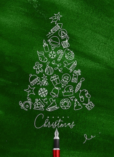 Christmas toy tree drawing with pen line on green background