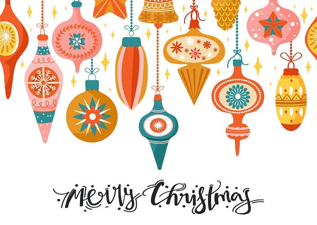 Christmas toys hanging on a rope with a bow Happy New Year template