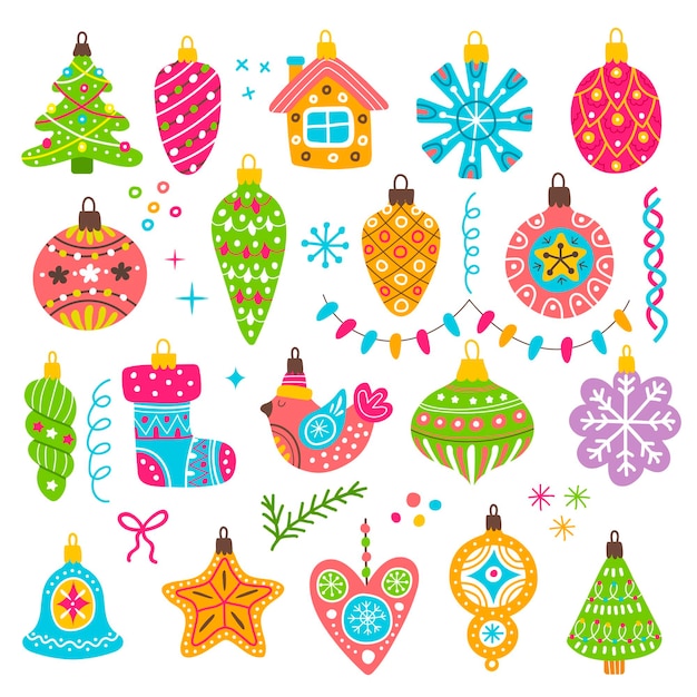 Christmas toys Ornamental decorative cute toys with ice snowflakes transparent baubles and bells holidays festive collection items recent vector doodle illustrations