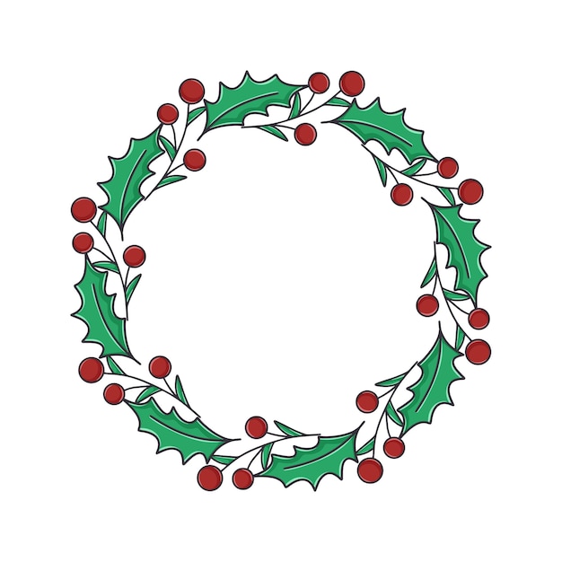 Christmas traditional wreath with holly and red berries Festive circular rim for postcards