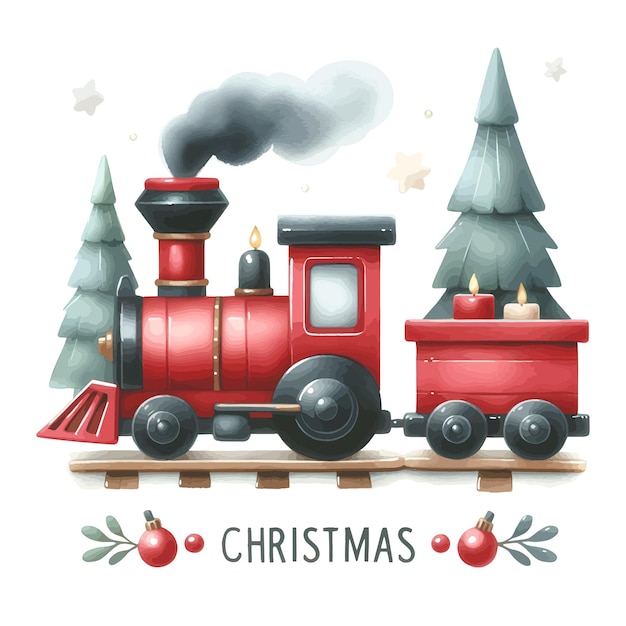 Vector christmas train with gifts watercolor illustration poster for christmas card