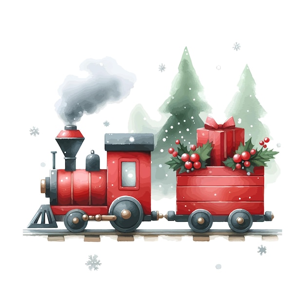 Vector christmas train with gifts watercolor red train for christmas