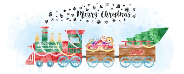 A Christmas train with load pine tree and Christmas gifts in watercolors style on light blue watercolor and white background.