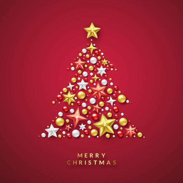 Christmas tree background with Shining stars and colorful balls