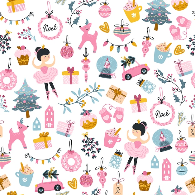 Christmas tree, ballerina, and gifts boxes seamless pattern. Holiday details childish hand-drawn Scandinavian style. Limited pink pastel palette perfect for girly print.