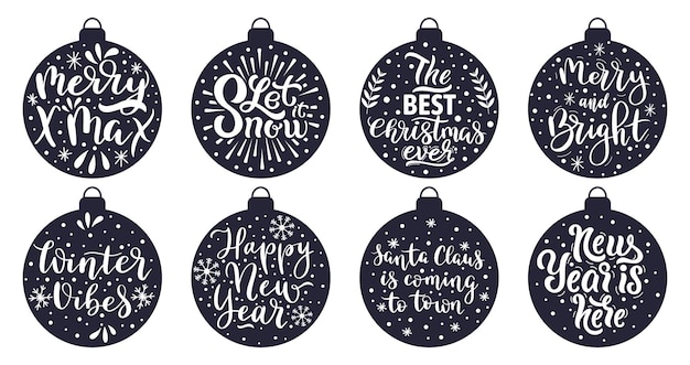 Christmas tree balls lettering. Merry Christmas and Happy New Year winter holidays greeting quotes vector illustration set. Xmas decorations lettering